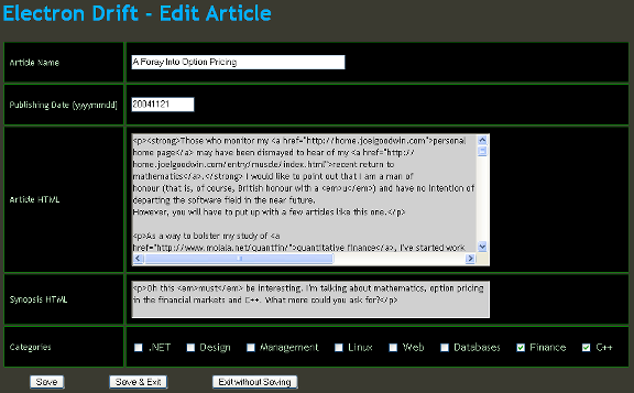 Electron Drift Article Input Screenshot